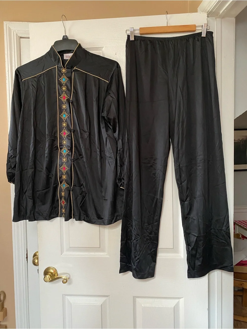 VTG 60’s Asian Mandarin Collar Black Nylon Pajama Set Top Bottom Pants
